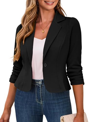 Traleubie Black Cropped Blazer Lapel Collar 3/4 Sleeve Business Work Casual Suit Jackets for Women XL
