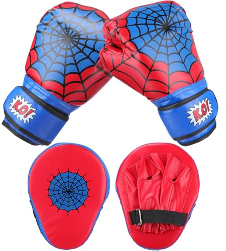 Motionchic Boxing Gloves and Punching Mitts Set 4oz Red Spider Gloves Boxing Pads Kids Youth Sparring Gear Training Equipment for Taekwondo Kick Karate Muay Thai MMA Martial Art