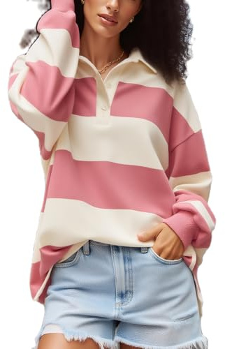 Amiblvowa Rugby Shirt Women Striped Collared Long Sleeve Polo Shirts Oversized Color Block Sweatshirt Vintage Pullover Top, Pink, L