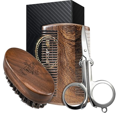 BFWood Mens Beard Brush Comb Kit, Small Travel Beard Set - Natural Boar Bristles With Black Walnut Wood, Grooming Sandalwood Mustache Comb, Mustache Trimming Sissors With Storage Bag