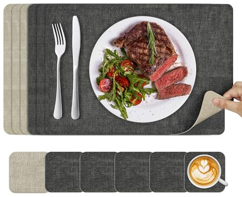 KitchenBoss Tovagliette Americane Lavabili e Sottobicchieri, Tovagliette Colazione Tovaglietta Americane Resistente al Calore e Antiscivolo (Grigio Beige,6 Set) 43x30cm