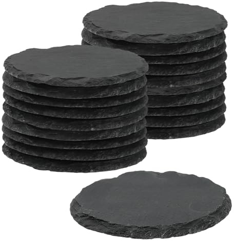 SEUICYNE 20er Set Schiefer Untersetzer Rund, 4 Zoll Schiefer Getränkeuntersetzer, Schwarze Stein Untersetzer, Schieferplatte Schwarz, Getränkeuntersetzer Schiefersteine für Getränke Bar Tassen Tisch