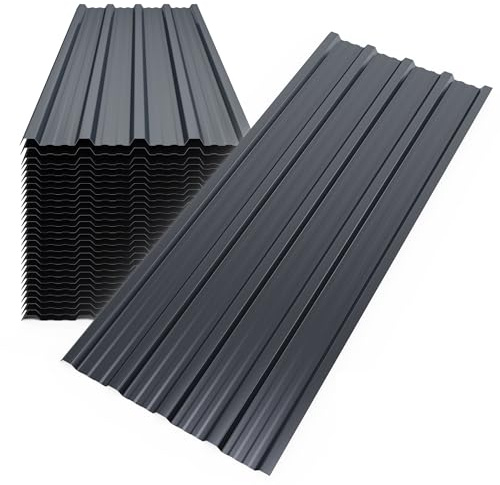 Mondeer 28pcs Roofing Sheets, Metal Corrugated Roofing Sheets Covers 14m², 110 x 46 cm, Galvanised Steel Trapezoidal Grooved Roof for Garage Carport Shed Greenhouse Kennels Panels, Dark Grey