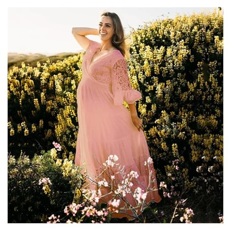 WJLYDM Sexiga spetsklänningar för mammakografi för duschfest, lång vit klänning för gravida kvinnor, tillbehör för graviditetsfotografering (Pink,L)