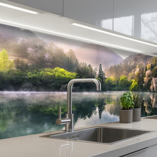 KitchenYeah© Splashback for Kitchen self-Adhesive Back Splashes Kitchens | 24x79 / 60x200 cm - Splash Guard Decor Nature - Trees - Mountains - Lake - Water