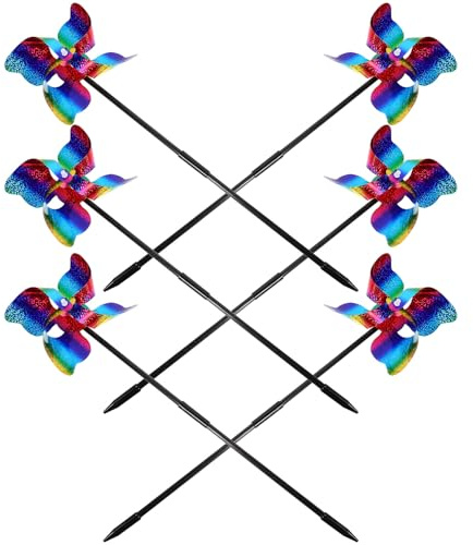 VALICLUD Lot de 6 Moulins à Vent Réfléchissants Octogonaux en Dégradé de Couleurs pour Jardin et Balcon Décoration Extérieure Anti-Oiseaux Girouettes Décoratives Résistantes au Vent
