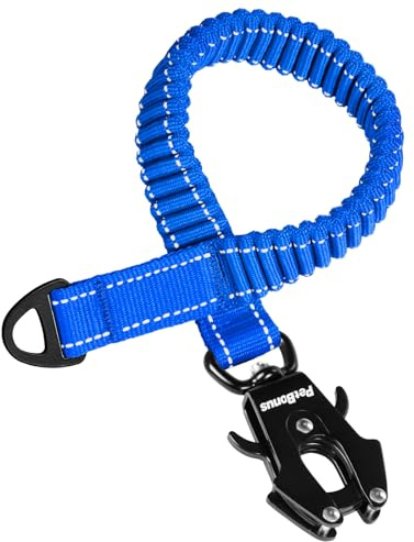 PetBonus bungee koppelförlängare, 45 cm stötdämpande koppelförlängare, kraftigt fäste för medelstora till stora hundar, reflekterande nylonkoppelförlängare för promenad, löpning, cykling (blå)