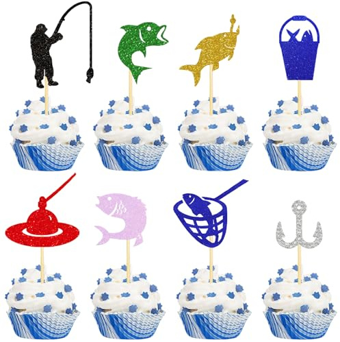 24 glittrande fiskcupcake-toppar, 8 unika designer, tårtpinnar med fisk- och fisketillbehör, festtillbehör för pojkar och män med fisketema