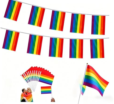 NiceNaiils 6m Bandera del Orgullo Gay, Lgbt Flag Colores vivos, con 10 piezas Banderas del Palo que Agitan a Mano del Orgullo del Arco Iris, para Jardines, Oficinas, Desfiles del Día del Orgullo