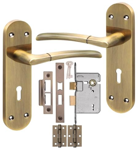 Golden Grace Victorian Door Handle 3 Lever Lock Antique Brass Key Lock Set | Zinc alloy build with 182mm x 45mm backplates; includes a spindle, matching hinges, and fixing screws for quick setup.