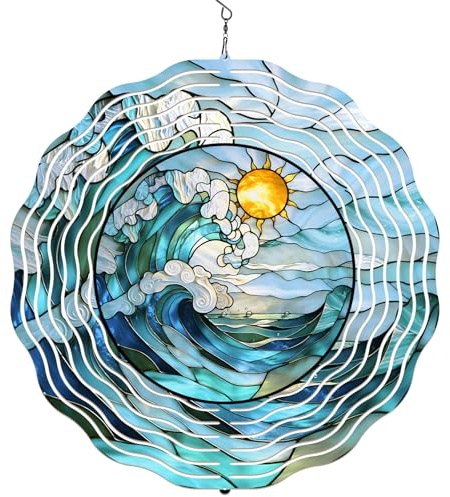 Sea Wave Wind Spinners for Garden, 3D Garden Wind Spinners, Rotating Wind Chimes for Outdoor Decorations, Metal Gardens Hanging Ornament for Windows, Yard, Patio & Balcony Decor
