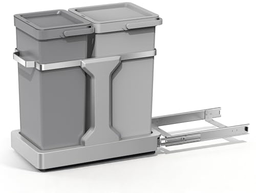 EKO DECO Mülleimer Küche Unterschrank, 20 L + 15 L, 2-fach Mülltrennsystem, ausziehbarer Mülleimer unter Spüle, Abfalleimer mit Deckel, Griff und Beutelhalter, platzsparend & leicht zu reinigen, Grau