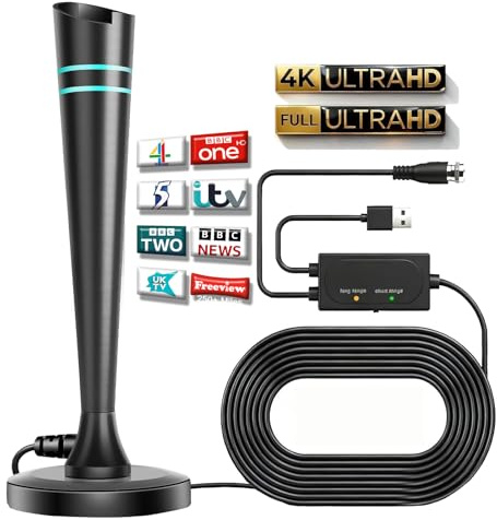 Indoor TV Aerial, Digital TV Antenna with Signal Booster for Weak Signal Areas, 360° Reception Portable Digital TV Aerial, Support 4K 1080P HD Local Channels VHF UHF DAB Radio