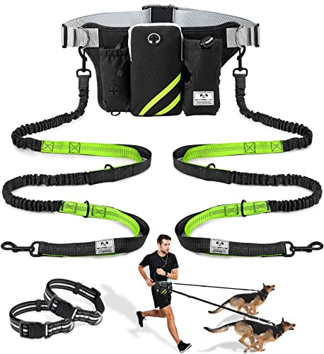 SHINE HAI Infällbart handsfree hundkoppel med dubbla bungees för 2 hundar, justerbart midjebälte, reflekterande sömnadskoppel för löpning promenader vandring jogging cykling svart – grön