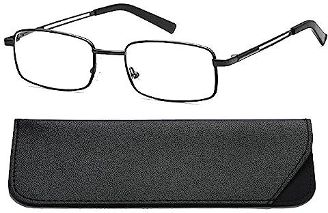 Hubeye Occhiali da Lettura Uomo Rettangolare In Metallo Cerniera A Molla Materiale In Acciaio Inox Occhiali Anti Luce Blu con la custodia in pelle 1.50