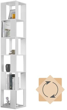 Bibliothèque Rotative à 360°, Bibliothèque Étagère à 6 Niveaux, Étagère à Livres pour Salon Bureau, Étagère sur Pied en Bois, étagère de Sol (Blanc)