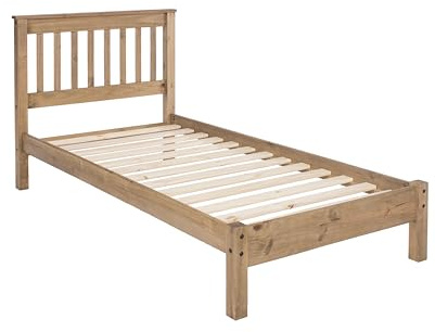 Home Source Solid Pine Wood 3ft Single Bed Frame, Slatted Bedstead, Headboard, Natural Finish