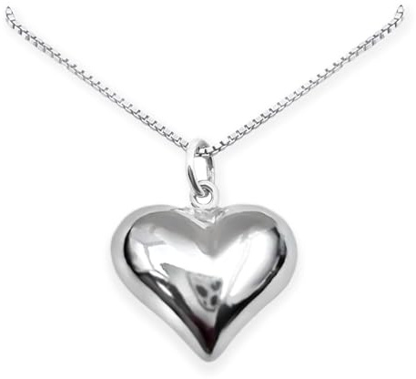 Large Sterling Silver Heart Necklace, Puffed Heart Pendant Necklace, Perfect Gift Birthday Christmas Mother's Day Gift for Wife, Daughter or Mom (18 inches plus 2-inch extender)