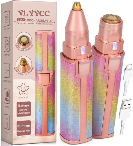 YLYYCC Facial Hair Removal for Women: 2-in-1 Rechargeable Nose Hair & Eyebrow Trimmer, Face Shaver with Built-in LED Light for Removing Chin, Upper and Lower Lip Area Peach Fuzz