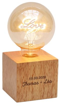 CADEAUX.COM - Lampe Ampoule Love- Lampe de Chevet LED avec Socle en Bois Personnalisable - Lampe Personnalisée avec Message- Cadeau Original - Idée Cadeau Anniversaire, Couple