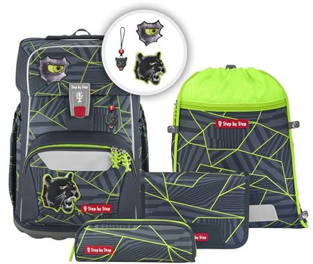Step by Step GIANT Schulranzen-Set „Dark Cat Chiko“, 5-teilig, grün, ergonomischer Tornister mit Reflektoren, höhenverstellbar mit Hüft- und Brustgurt, für Jungen ab der 1. Klasse, 23 Liter