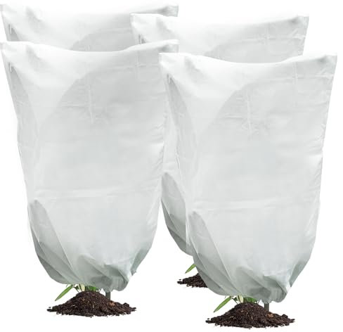 Toemics 4 Packs 90x150cm Plant Frost Protection Covers, 80gsm Garden Fleece Jacket with Adjustable Drawstring, Reusable Winter Covers for Outdoor Plants, Shrubs, and Trees