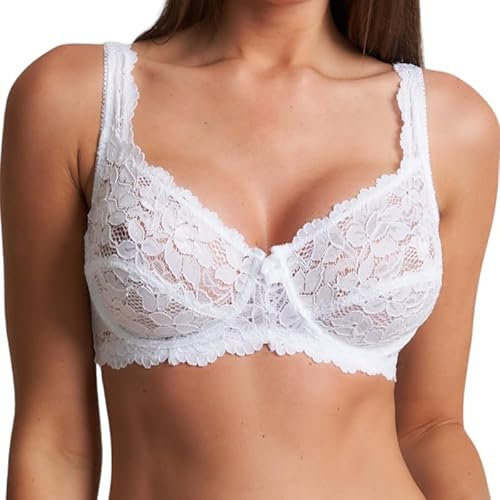 Trendy Lane Women’s Underwire Floral Lace Bra - Full Cup, Non-Padded, Soft Cups & Adjustable Straps - Everyday Comfortable Fit in Black & White (White, 36C)
