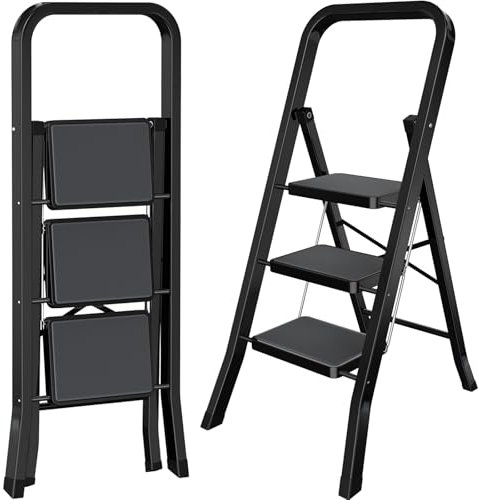 AMHANCIBLE Scaletta 3 Gradini, Scala Pieghevole con Pedali Antiscivolo, Corrimano, Blocco di Sicurezza, Scala Domestica Leggera per Casa Giardino Cucina, Portata 150 kg, Nero EBSL03BK