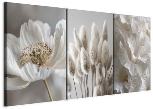murando - Wandbilder Set 3 tlg Wanddeko Collage 3er 120x60 cm (je 40x60 cm) – Leinwandbild für Wohnzimmer und Schlafzimmer - Harmonie der Natur - weiße Blumen und helle Gräser b-H-10168-b-a