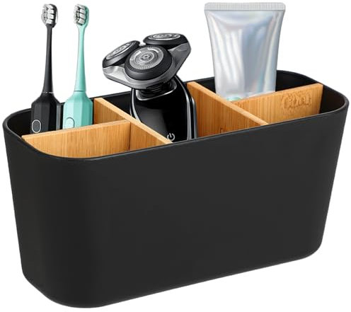 ​FHISKUNYU Organizador de Escritorio Negro, ​Soporte Cepillo de Dientes eléctrico​ con 5 Compartimentos, ​Vaso Cepillo de Dientes baño​ para Cepillos Dentales, Cosméticos y Accesorios
