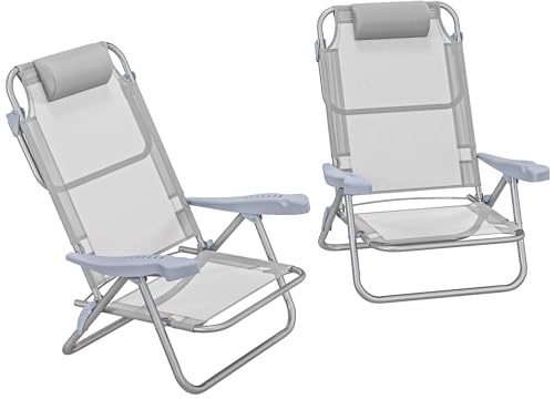 Outsunny Set 2 Sedie da Campeggio Pieghevoli con Poggiatesta Imbottito, Sedia da Pesca con Schienale Regolabile su 6 Livelli in Alluminio e Schiuma, 62x65x80 cm, Grigio Chiaro