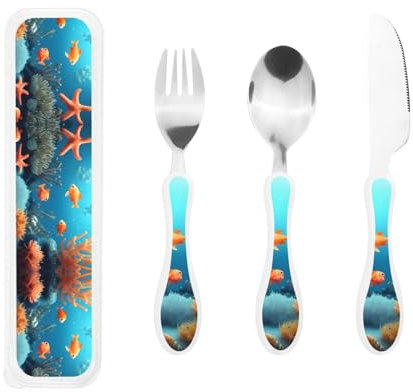 Coral Fish Underwater Print Knife, Fork and Spoon Set - Stainless Steel Flatware Set, Birthday Parties, and More â€“ Adorable