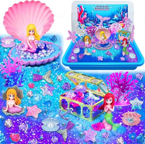Mermaid Sensory Bin, Play Sand Art Kit with Sandbox & Accessories & Tools & Colorful Sea Shell Conch Starfish Gems Toys Set, Indoor Outdoor Sensory Sandbox Toys for Boy Girl Kid Age 3 4 5 6 7 8 9