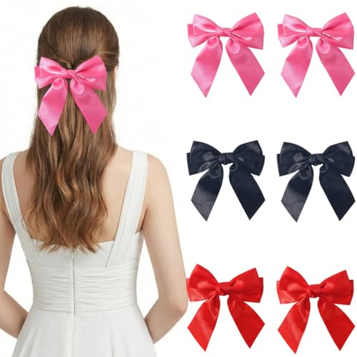 6 Pezzi Fermagli per Capelli con Fiocco, Fiocco Rosso Capelli, Mollette Capelli Bambina, Fermaglio Capelli Donna, Adatto per l'uso Quotidiano, Feste, Compleanni, Matrimoni e Balli (Rosa, Rosso, Nero)