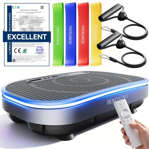 DAHAIY Plateforme Vibrante, Plaque Vibration Plate Fitness Équipement Sport Maison Entraînement Musculation, avec 4 Bandes de Résistance 120 Niveaux d'Intensité Haut Parleur Bluetooth - Gris