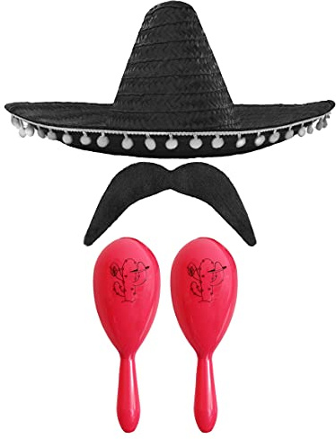Mexikansk snygg klänning tillbehörsset – Mexikansk SOMBRERO med maracas och smink – perfekt för musikanska fans SENORITA BANDIT MARIACHI FANCY KLÄNNING (svart POM SOMBRERO + 2X rosa marACAS)