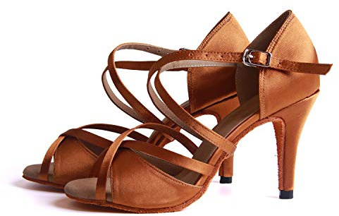 Syrads Scarpe da Ballo Latino da Sala da Donna Salsa Tango Bachata Scarpe da Ballo Indoor per Feste di Matrimonio,Marrone,8.5cm Heel,39 EU