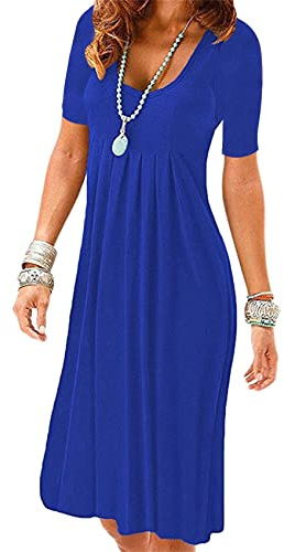 YMING Robe Boho Plissée pour Femme Été Robe Swing Décontractée Manches Courtes Taille Flare Robe Midi Bleu Royal XL