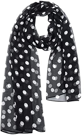 E-Clover Sciarpa pura chiffon dello scialle della stampa floreale molle delle donne, Nero a pois bianchi., 160 cm x 50 cm