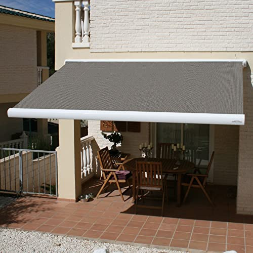 Multiple Awnings - Full Cassette Automatic Awning | Motorized Retractable Sun Shade with White Casing | Includes Remote Control & Wind Sensor | Brasilia Slim Collection | 10' W x 8' L - Grey
