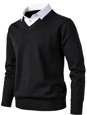 Herothorn Jersey de Punto para Hombre Jersey de Moda Suave al Tacto con Cuello en V y Camisa de Cuadros o Cuello Blanco.