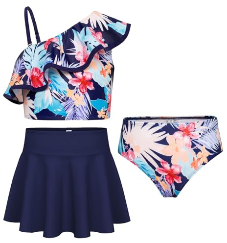 GRACE KARIN Mädchen Dreiteiliges Bikini Set Tankini Verstellbar Schultergurt Oberteil mit Bikinibrief und Schwimmrock Marineblaues Blumenmuster 6 Jahre