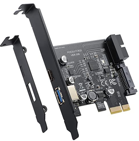 YBBOTT PCI-E 1X to USB 3.2 Gen1 5Gbps 2 Port Expansion Card (Type C + Type A), with 19PIN USB 3.0 Interface + 15PIN SATA Power Connector, Supports Windows 10/8/7/Linux
