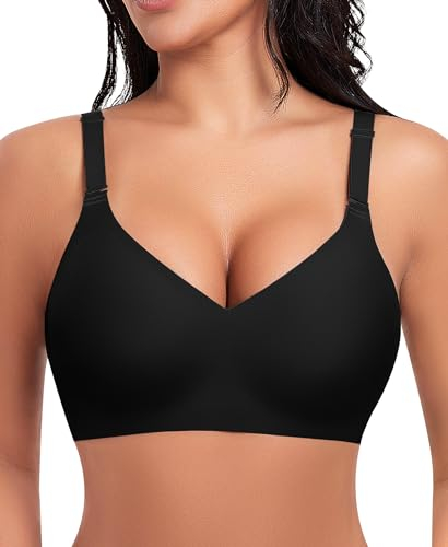 Damen BH Ohne Bügel Nahtloser BH Tiefem V-Ausschnitt Bralette Push Up BHs Soft Bequem BHs Bügellos Bustier (Schwarz, M)