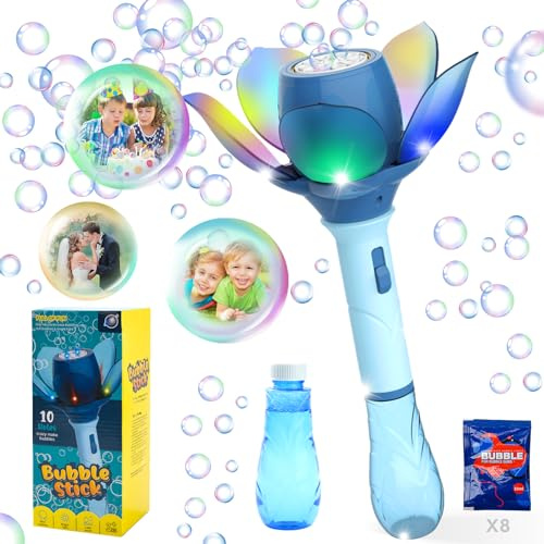 DAOUZL Fiore di Loto Pistola a Bolle, Pistola Bolle di Sapone Bambini 10000+ Bolle/Minuto, Sparabolle di Sapone Bambini Automatico con 120ml Soluzione di Bolla e 8x 10ml Bolla Bottiglia di Ricarica