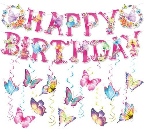 Unvtap 39 Stück Schmetterling Deko Geburtstagsgirlande Happy Birthday Banner Bunte Schmetterlinge Hängende Wirbel Streamer Geburtstagsdeko Schmetterling Party Deko für Frauen Mädchen Kinder Feen Deko