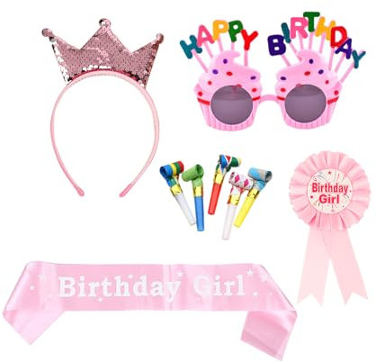 AYNKH Kit per festa di compleanno rosa, 9 pezzi, con occhiali divertenti, corona, fascia, distintivo e 5 fischietti colorati, per bambini e adulti