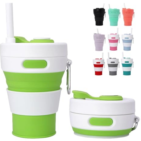 MORAINJAY 450ml Taza Plegable de Silicona Verde Fruta,Taza de Café Reutilizable Plegable para Viaje,Copa Colapsable con Tapa Anti-fugas, Incluye Porta-taza y Cuerda
