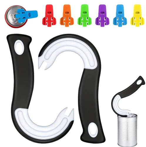 BORISCA 2 PCS Ouvre-Boîtes à Crochet en Forme de J, Ouvre Boite Manuel avec 6 Ouvre Bouteille Plastique et Sac de Rangement, Gadget Cuisine Pratique Ouvre Bocal pour Boîtes avec Anneaux de Fermeture