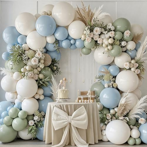 PtyPop 155Pcs Kit Arche Ballon Bleu Vert, Guirlande Ballons avec Ballon Blanc Vert Lune Bleu pour Baby Shower Garcon Decoration Bapteme Anniversaire Mariage Fiancailles Fête Décoration